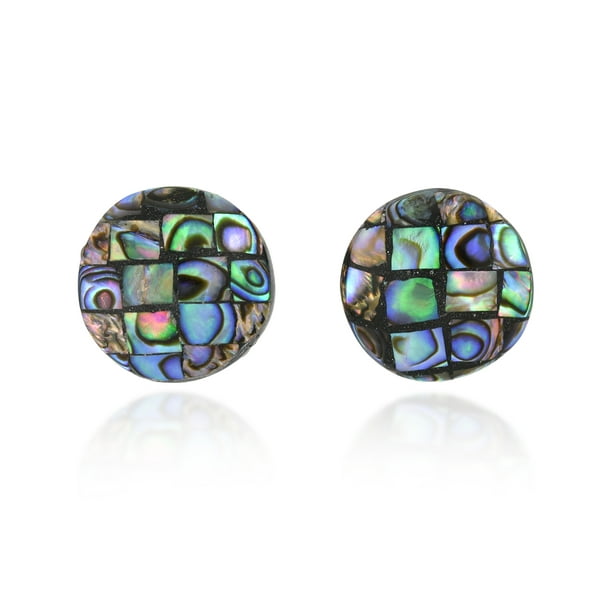 Classic Button Vibrant Abalone Shell Round Circle Stud Earrings 